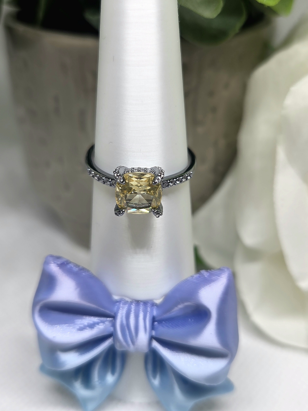 BP Lemon CZ Cushion-Cut Solitaire Halo Ring On Rhodium